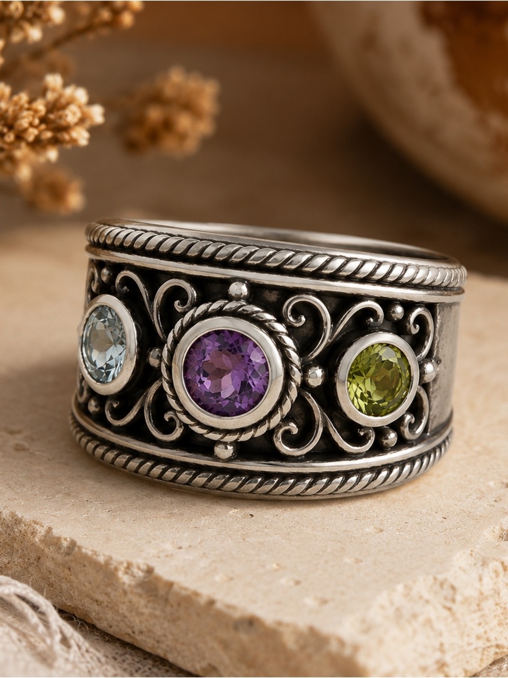 Pranda  925 Sterling Silver Aquamarine Amethyst Peridot Wide Statement Ring Sz 9